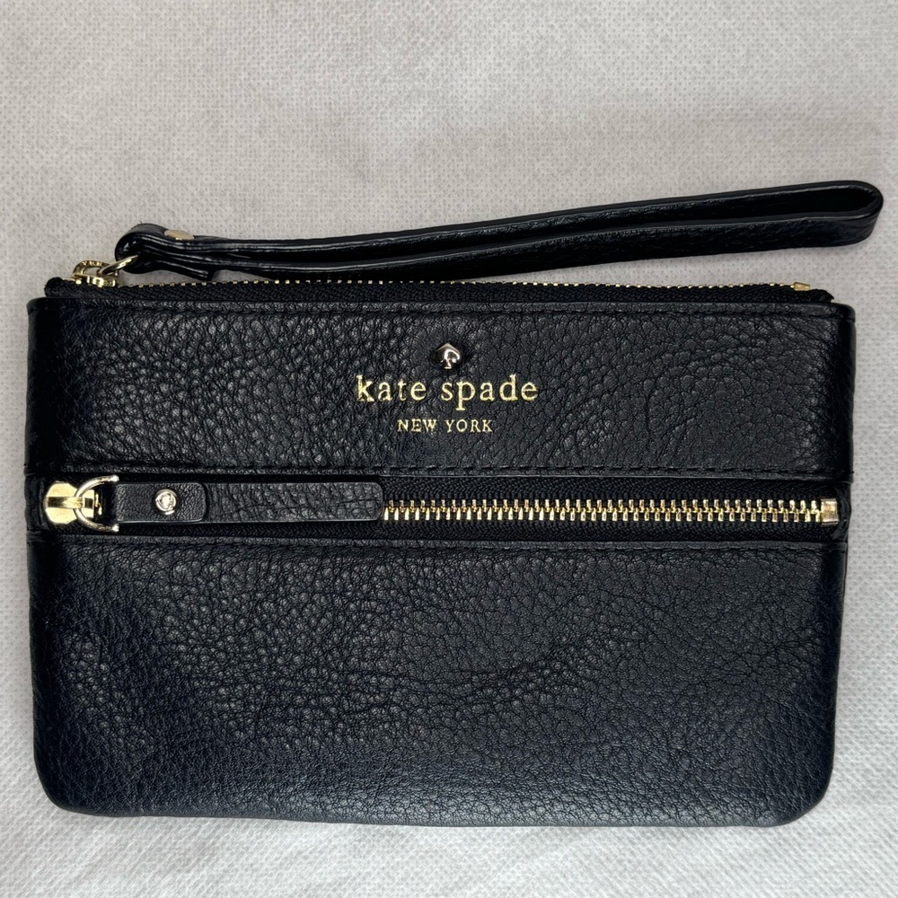 Kate Spade Black Pebbled Leather Double Zip Wristlet Wallet Gold-tone Hardware